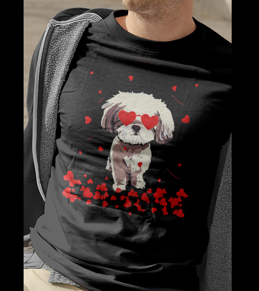 Shih Tzu Heart Valentines Day Dog With Heart Glasses Surrounded By Red Hearts T-Shirt