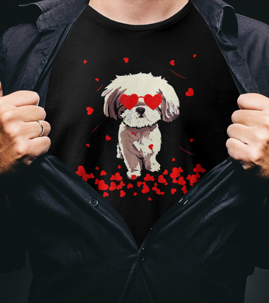 Shih Tzu Heart Valentines Day Dog With Heart Glasses Surrounded By Red Hearts T-Shirt