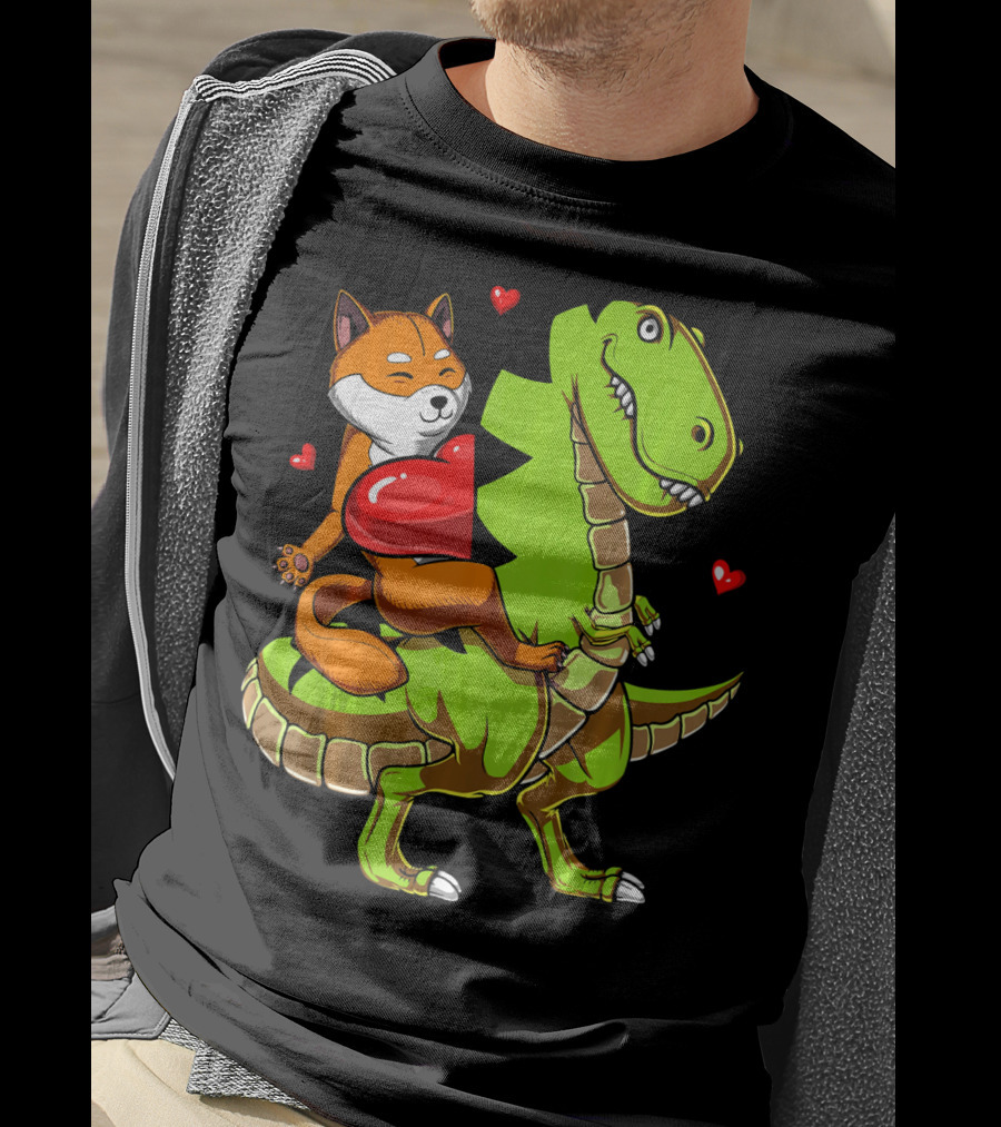 Shiba Inu Riding Green T-Rex Dinosaur With Red Hearts T-Shirt