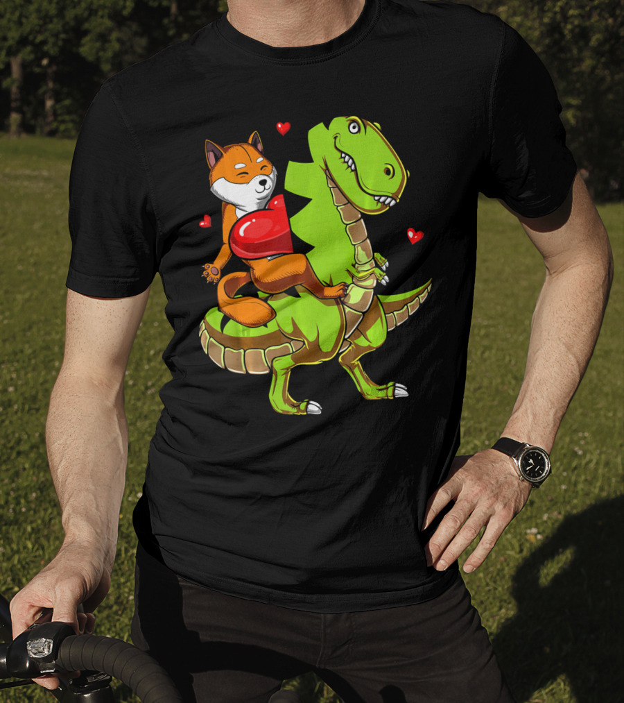 Shiba Inu Riding Green T-Rex Dinosaur With Red Hearts T-Shirt