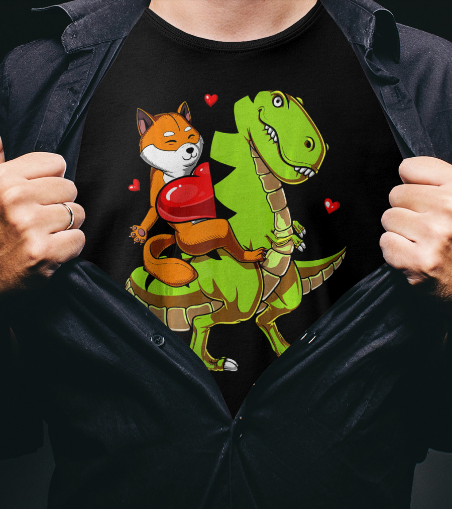 Shiba Inu Riding Green T-Rex Dinosaur With Red Hearts T-Shirt