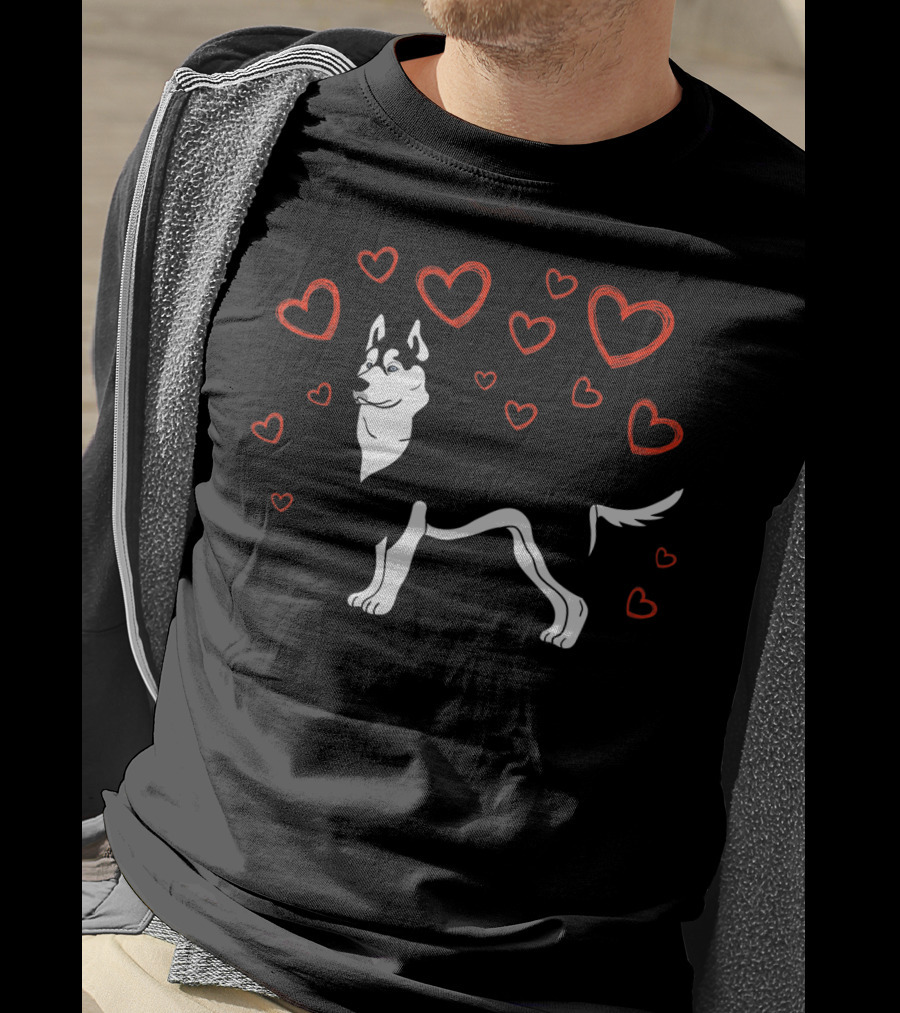 Siberian Husky Surrounded By Hearts Valentine Love LS T-Shirt