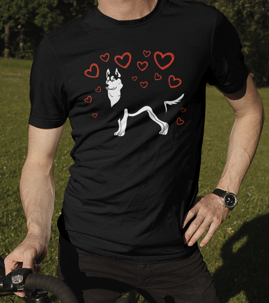 Siberian Husky Surrounded By Hearts Valentine Love LS T-Shirt