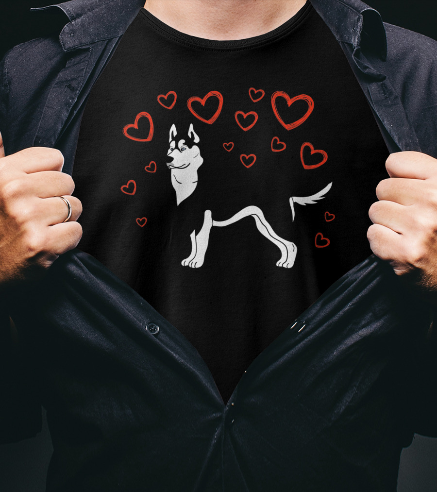 Siberian Husky Surrounded By Hearts Valentine Love LS T-Shirt