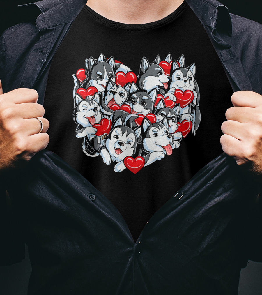 Siberian Husky Heart With Red Valentine Hearts T-Shirt
