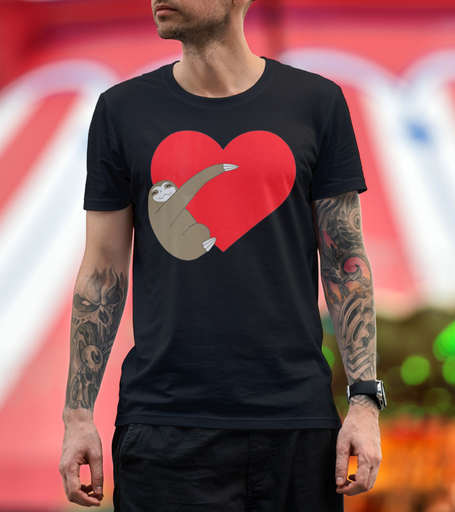 Sloth Hugging Heart Cute Pocket Va T-Shirt