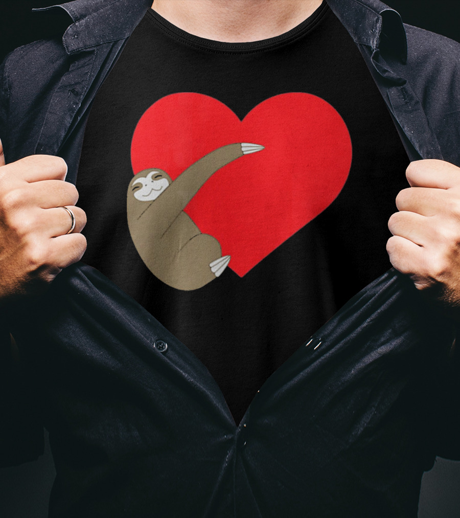 Sloth Hugging Heart Cute Pocket Va T-Shirt