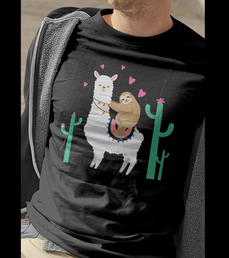 Sloth Riding Llama With Hearts And Cacti T-Shirt