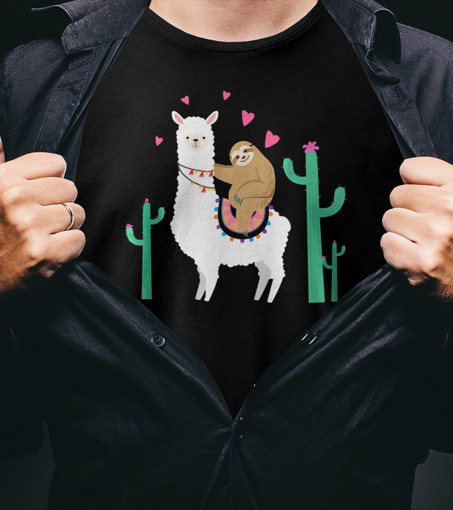 Sloth Riding Llama With Hearts And Cacti T-Shirt