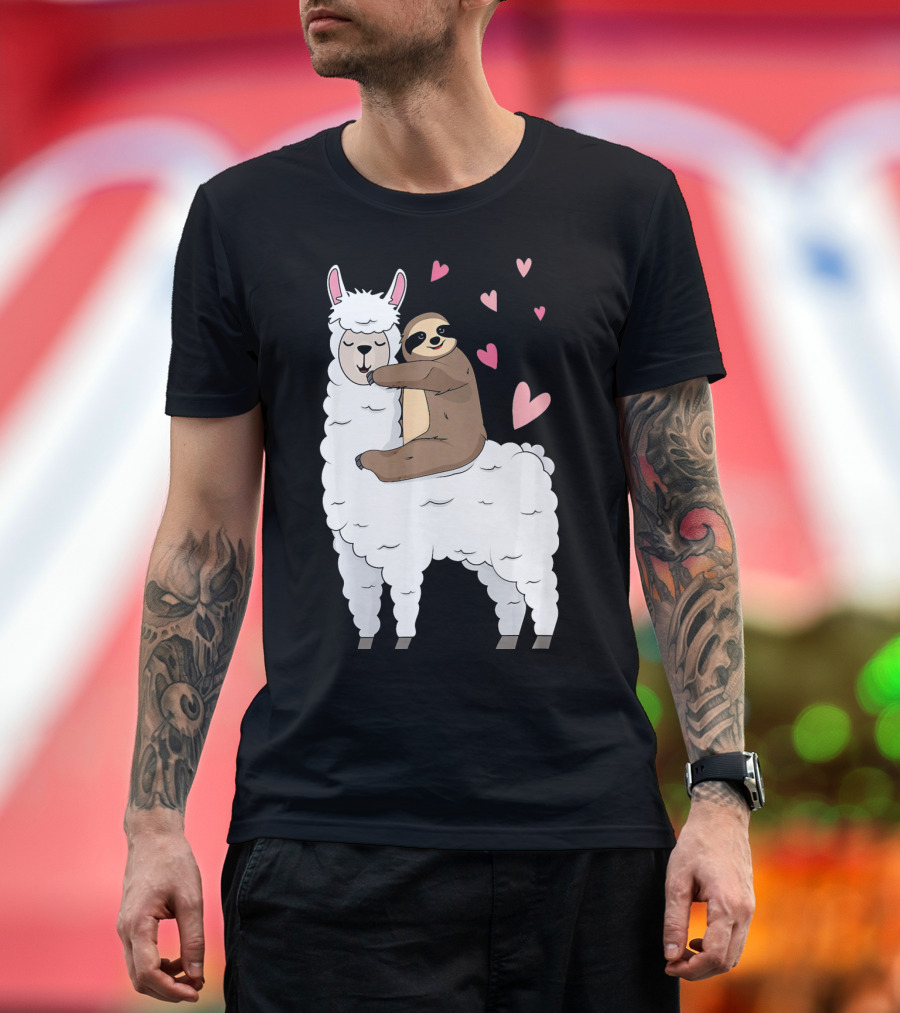 Sloth Riding Llama Cute Hearts Valentines Day T-Shirt