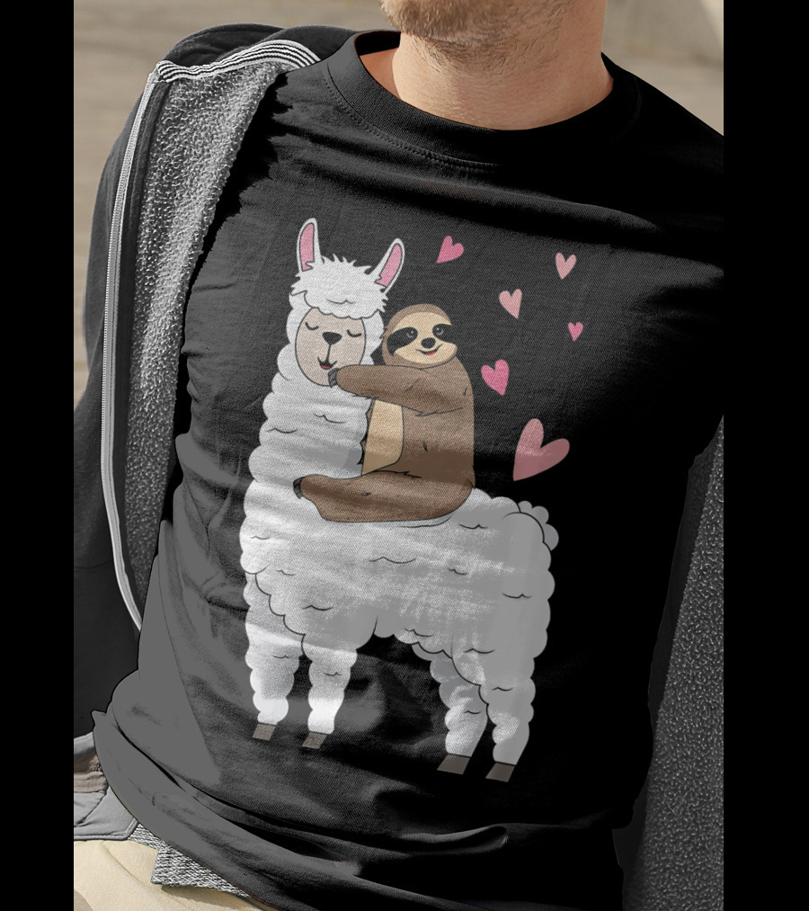 Sloth Riding Llama Cute Hearts Valentines Day T-Shirt