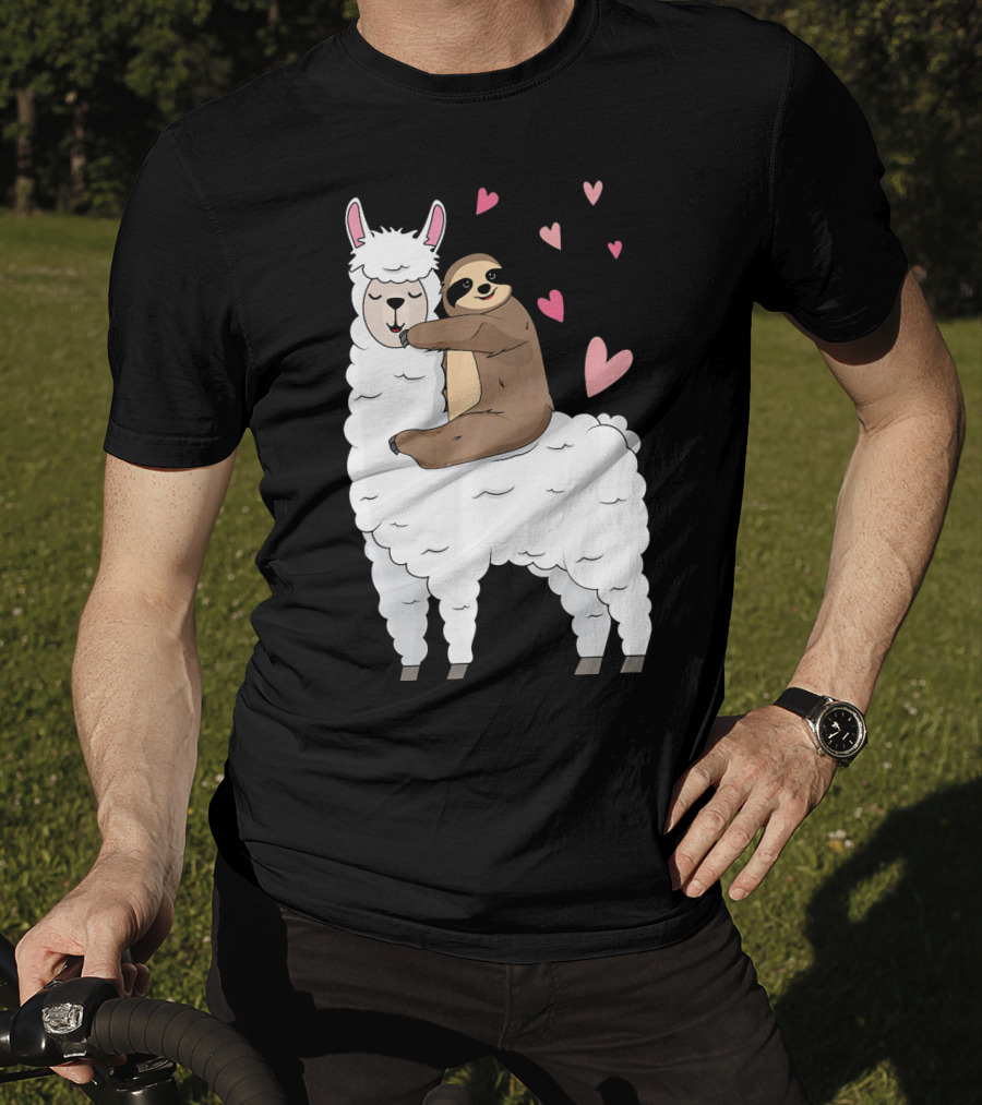 Sloth Riding Llama Cute Hearts Valentines Day T-Shirt