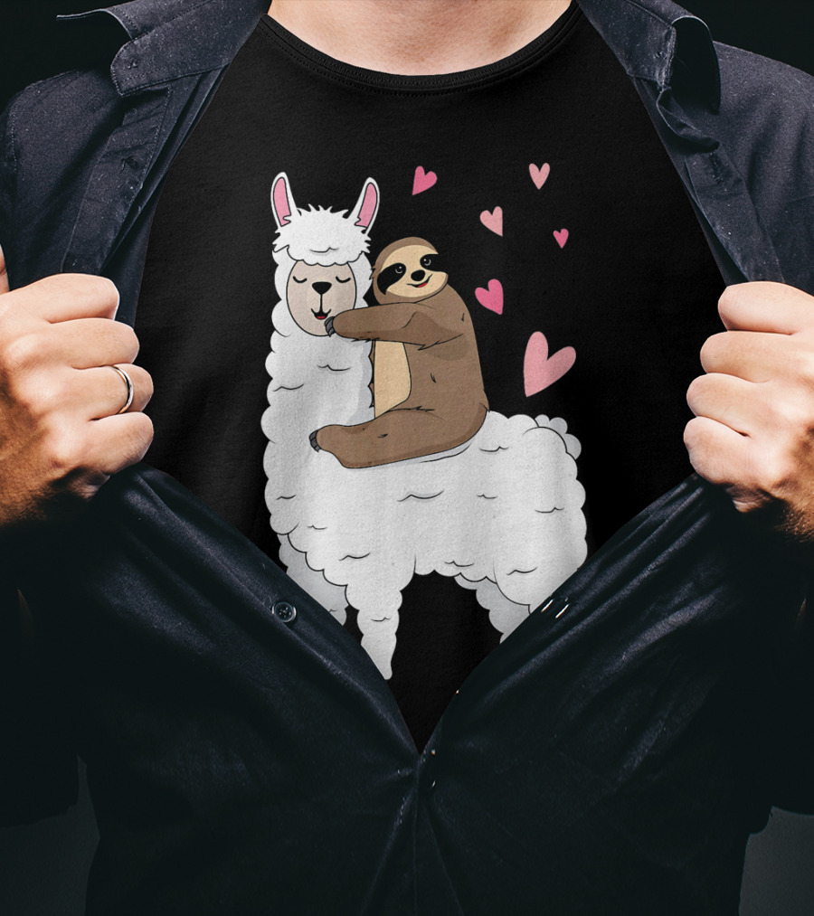 Sloth Riding Llama Cute Hearts Valentines Day T-Shirt