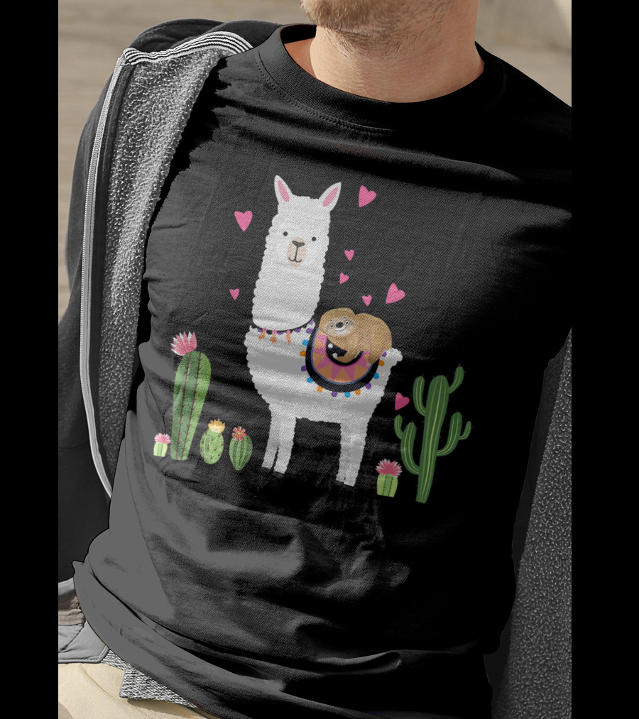 Sloth Riding Llama Heart Cactus Funny Va T-Shirt