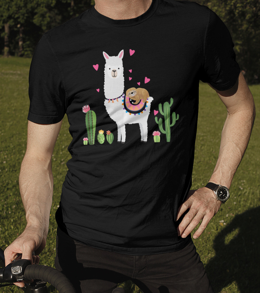 Sloth Riding Llama Heart Cactus Funny Va T-Shirt