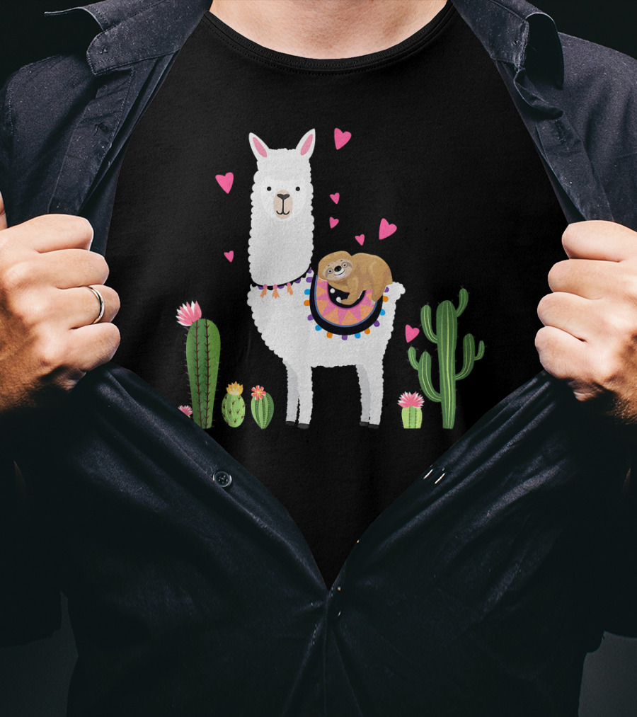 Sloth Riding Llama Heart Cactus Funny Va T-Shirt