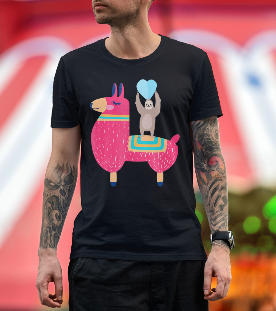Sloth Riding Llama with Heart Balloon T-Shirt