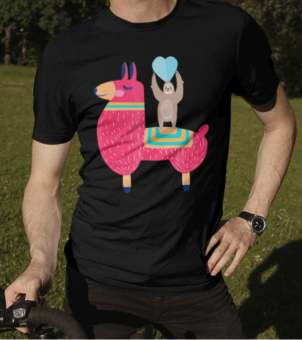 Sloth Riding Llama With Heart Balloon T-Shirt