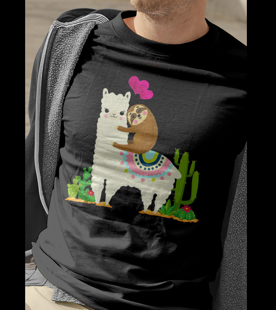 Sloth Riding Llama With Pink Hearts And Cactus Funny Valentin T-Shirt