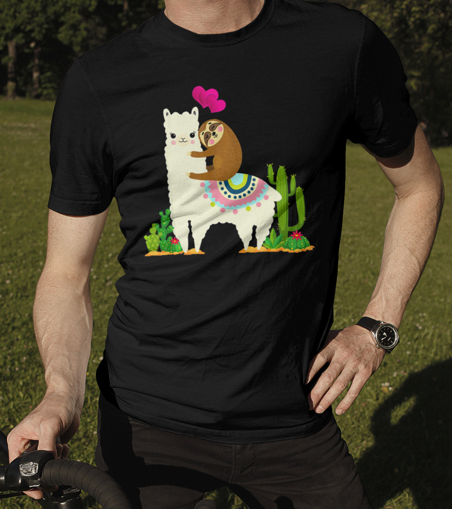 Sloth Riding Llama With Pink Hearts And Cactus Funny Valentin T-Shirt