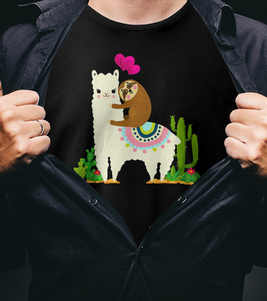 Sloth Riding Llama With Pink Hearts And Cactus Funny Valentin T-Shirt
