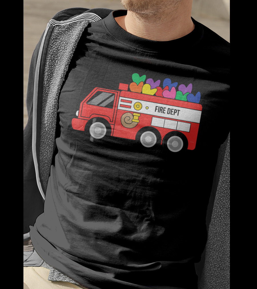 Fire Dept Valentine Hearts Sloth Fire Truck T-Shirt