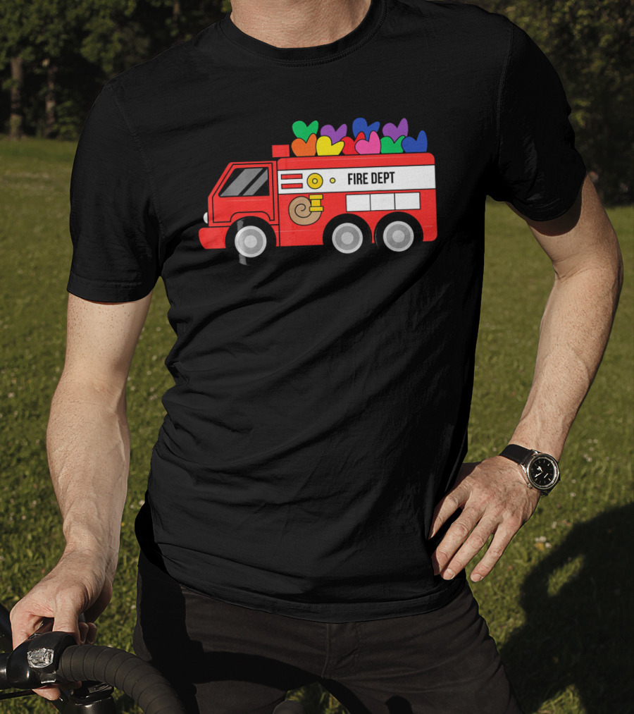 Fire Dept Valentine Hearts Sloth Fire Truck T-Shirt