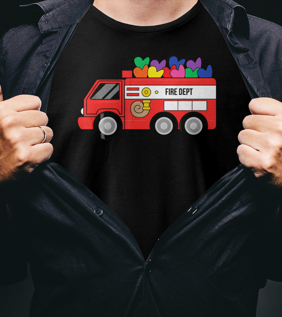 Fire Dept Valentine Hearts Sloth Fire Truck T-Shirt