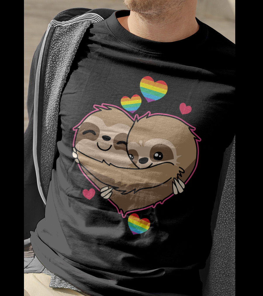 Valentines Day Sloth Heart With Rainbow Hearts T-Shirt