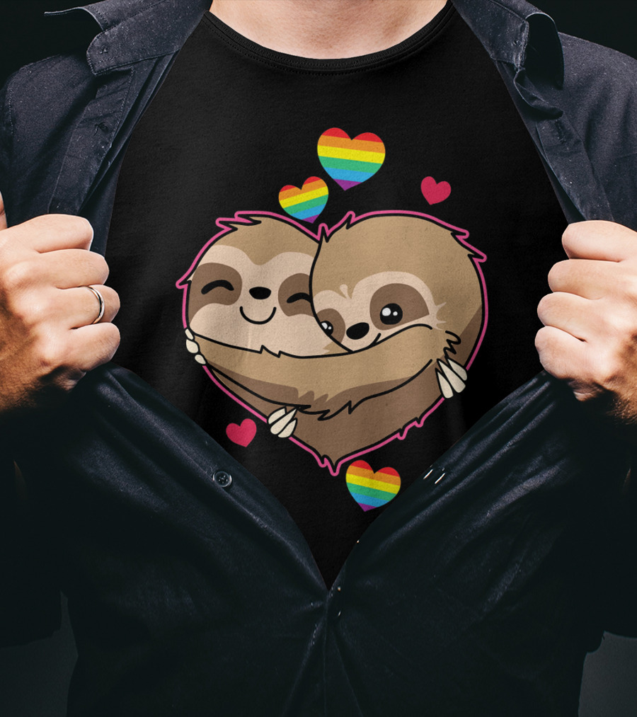 Valentines Day Sloth Heart With Rainbow Hearts T-Shirt