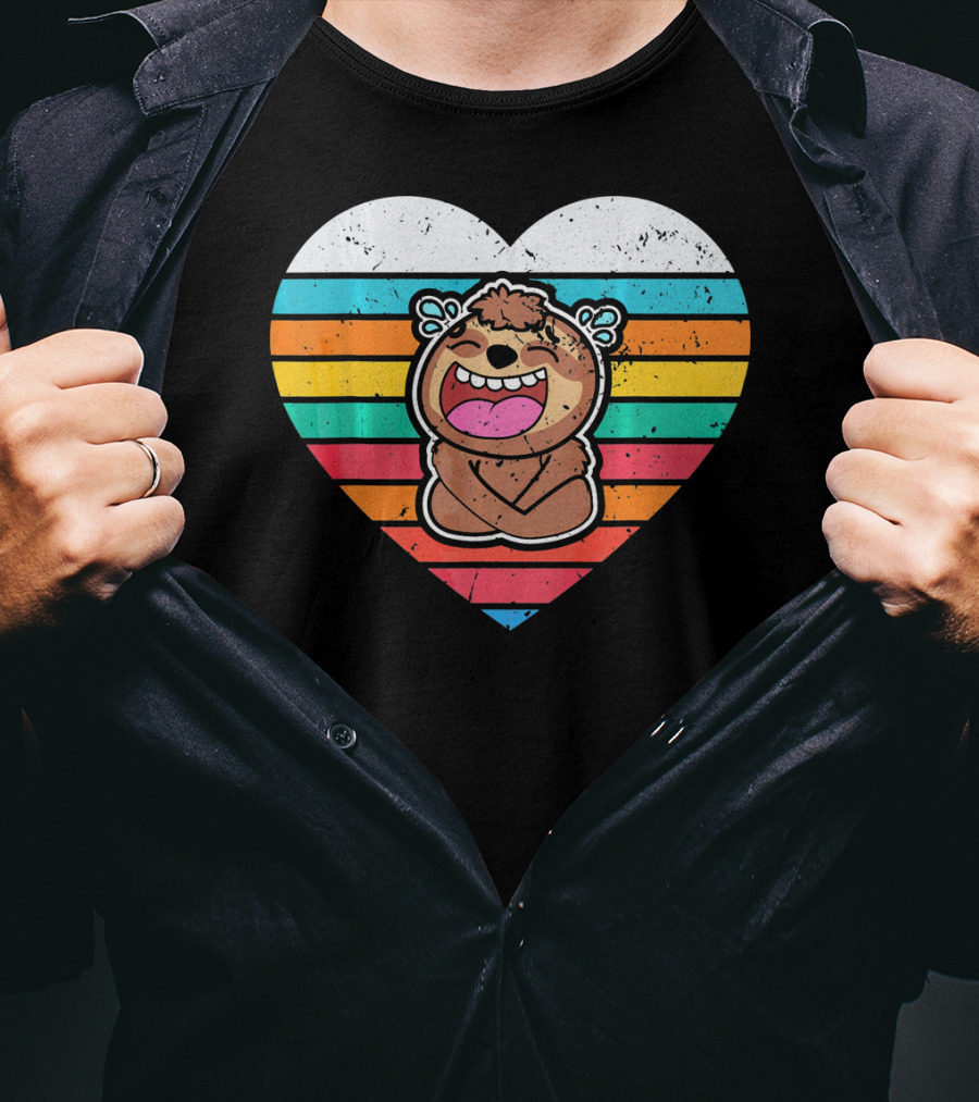 Retro Striped Laughing Sloth Heart Valentine's Day T-Shirt