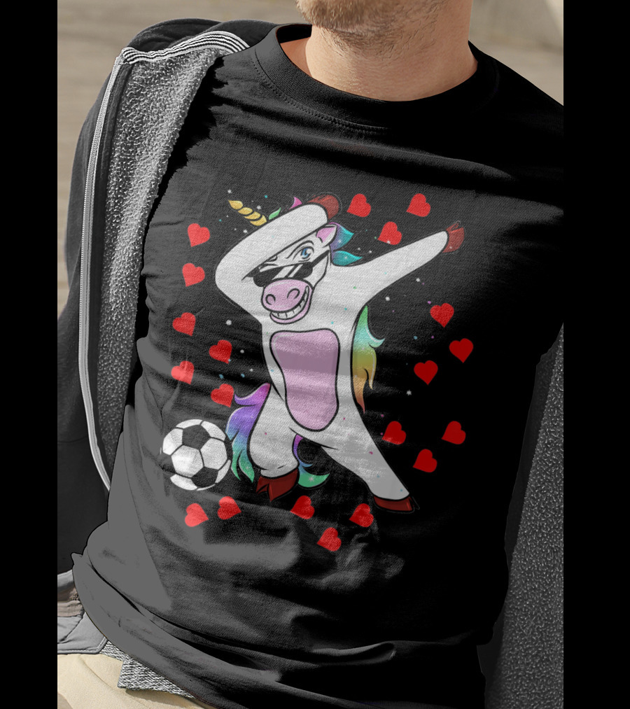 Soccer Is My Valentine Unicorn Dabbing Surrounded By Hearts T-Shirt