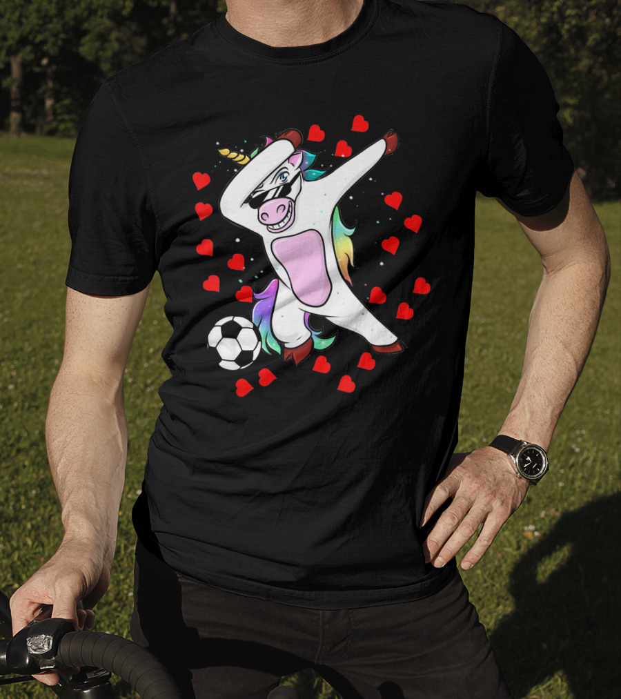 Soccer Is My Valentine Unicorn Dabbing Surrounded By Hearts T-Shirt