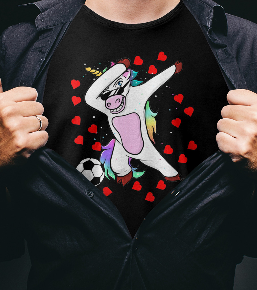 Soccer Is My Valentine Unicorn Dabbing Surrounded By Hearts T-Shirt