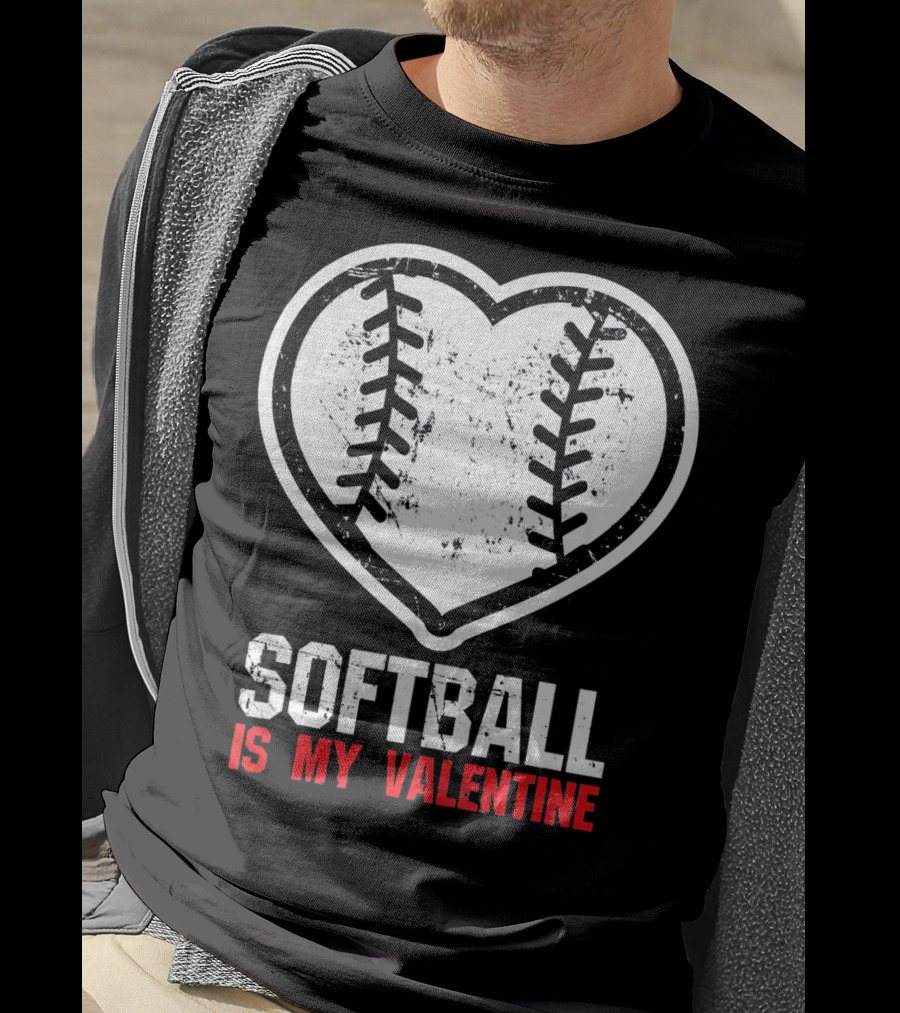 Softball Is My Valentine Heartball Stitching T-Shirt
