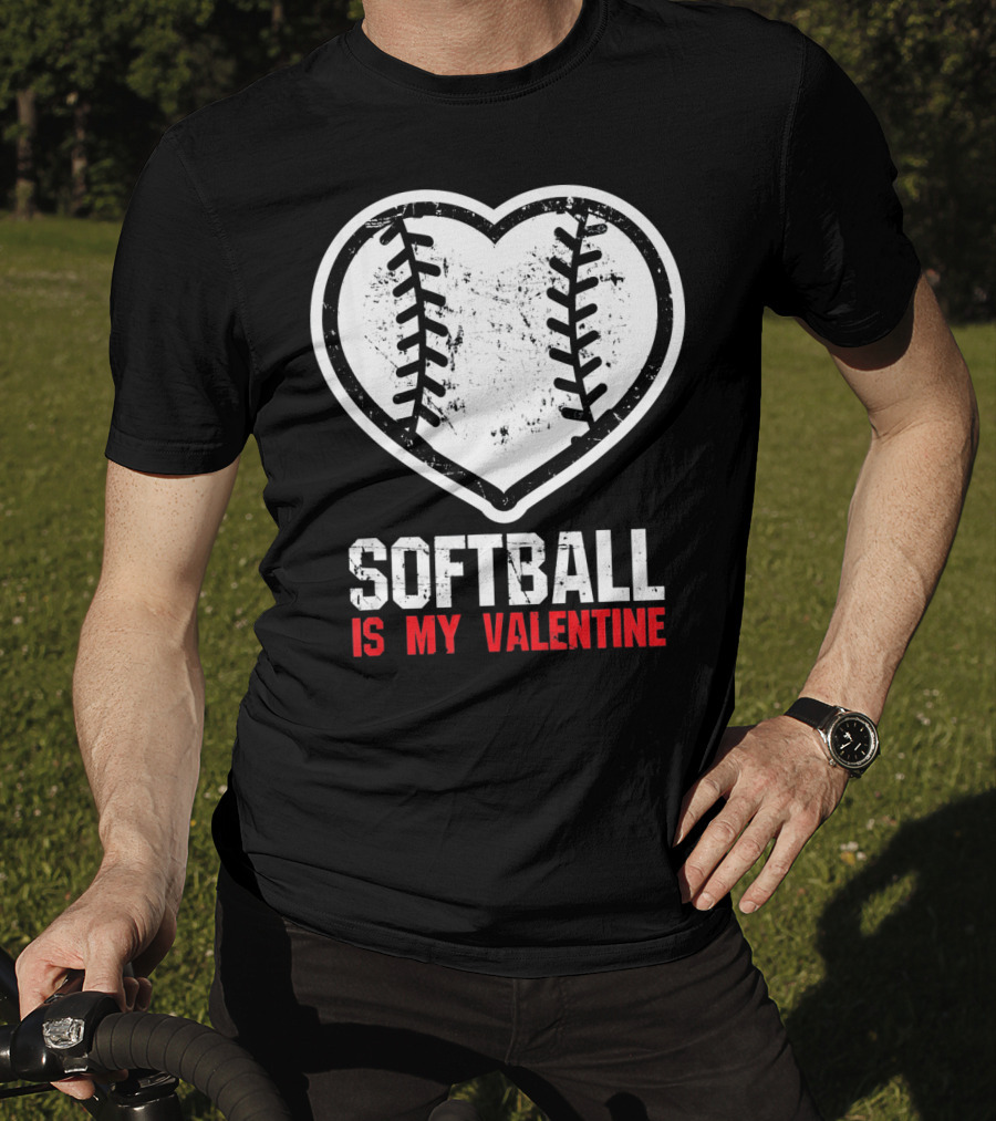 Softball Is My Valentine Heartball Stitching T-Shirt