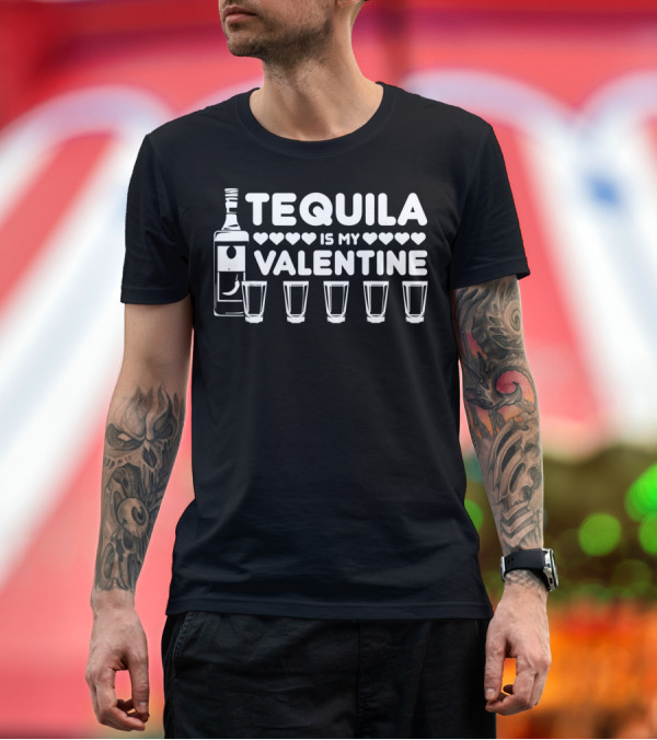 Premium T-Shirt: TEQUILA IS MY VALENTINE Hearts Bottle Shot Glasses T-Shirt TEQUILA IS MY VALENTINE Hearts Bottle Shot Glasses T-Shirt
