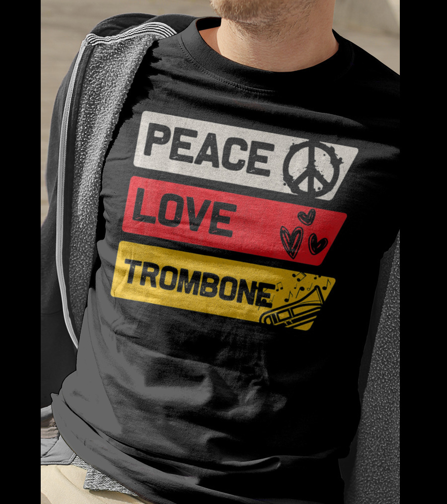 Peace Sign Love Heart Trombone Music Symbols T-Shirt