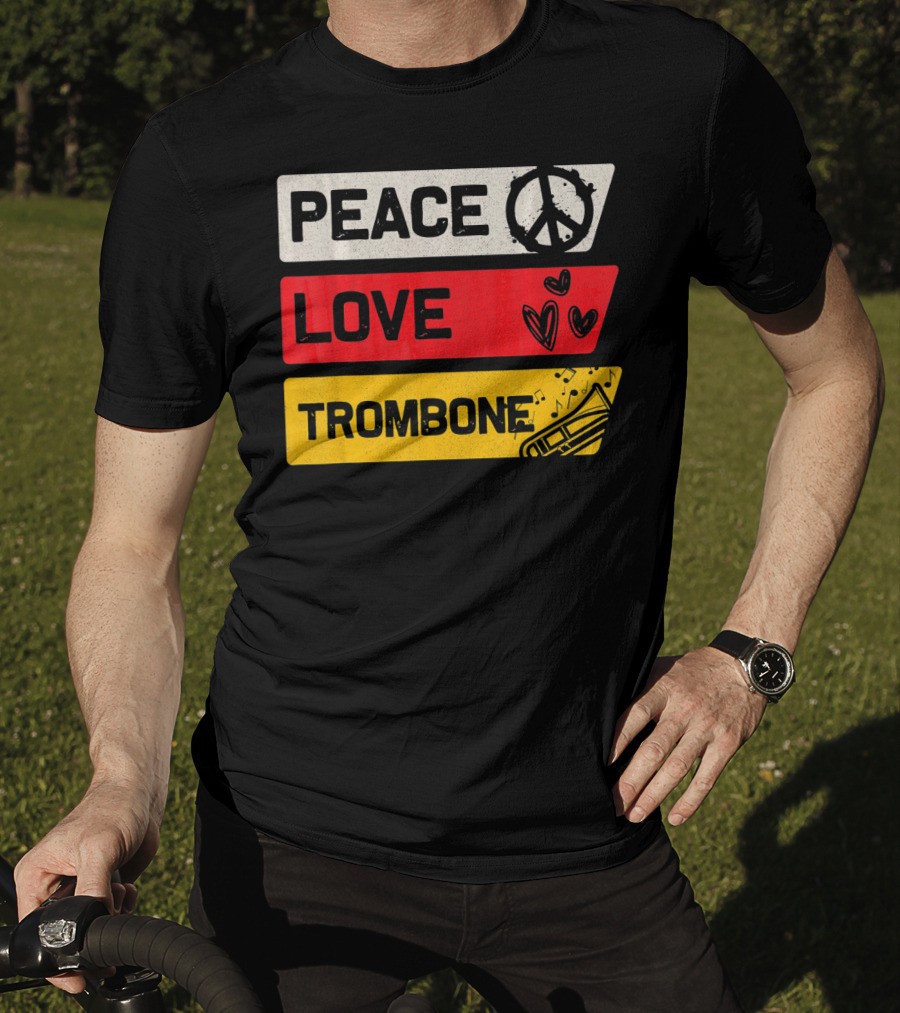Peace Sign Love Heart Trombone Music Symbols T-Shirt