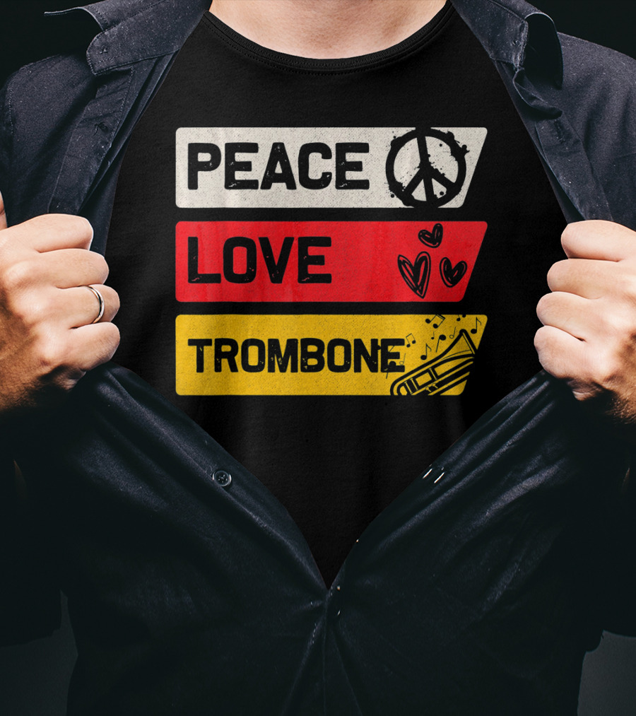 Peace Sign Love Heart Trombone Music Symbols T-Shirt