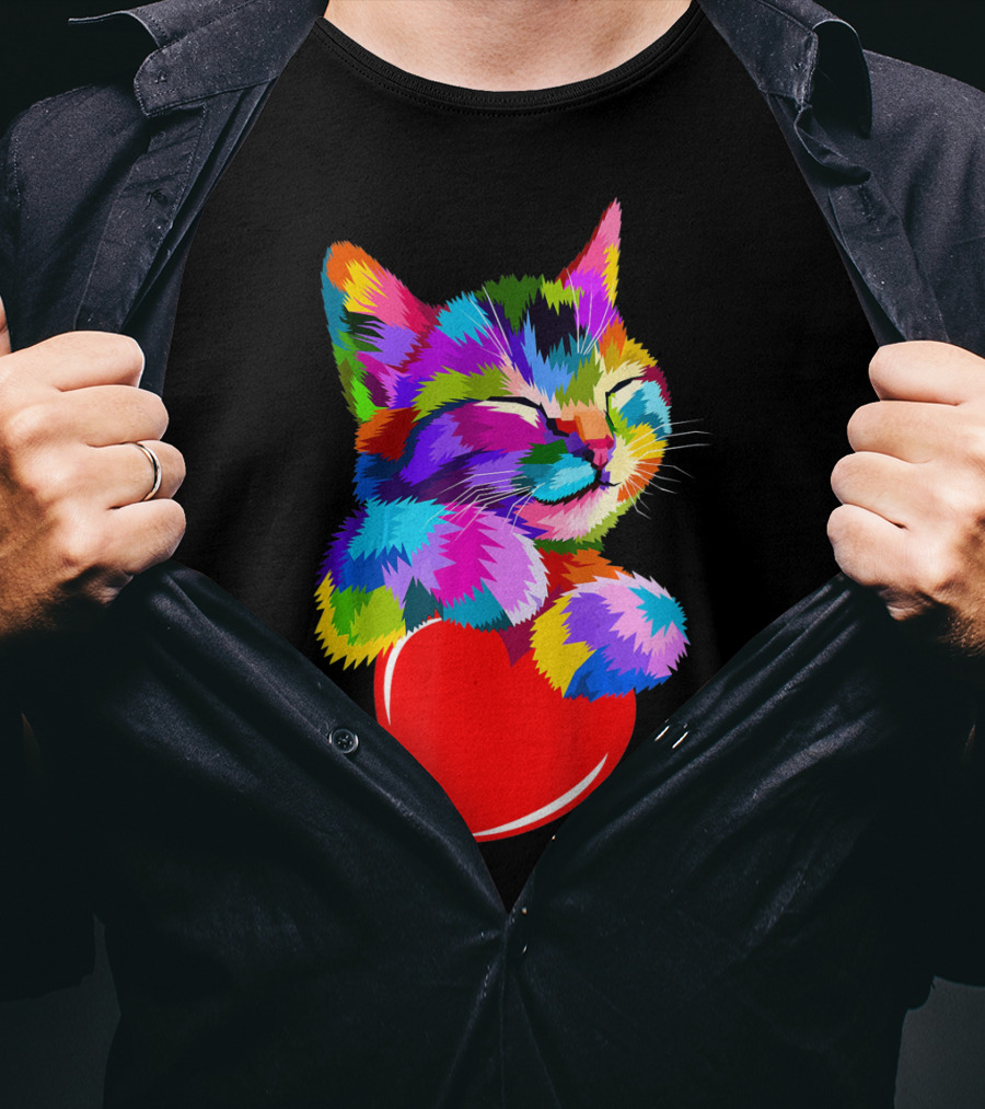 This Valentines My Cat Holds My Heart Colorful Kitten With Red Heart T-Shirt