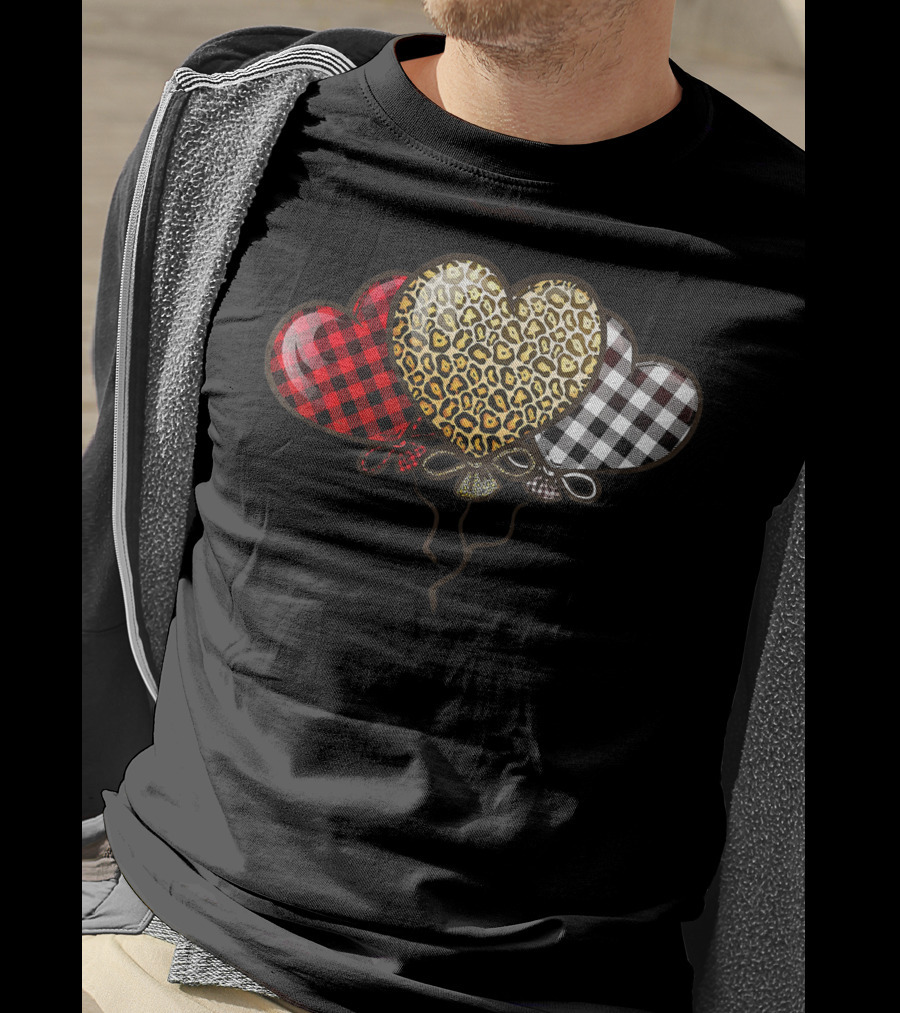 Three Balloons Hearts Buffalo Plaid Leopard T-Shirt