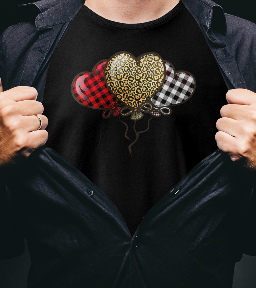 Three Balloons Hearts Buffalo Plaid Leopard T-Shirt