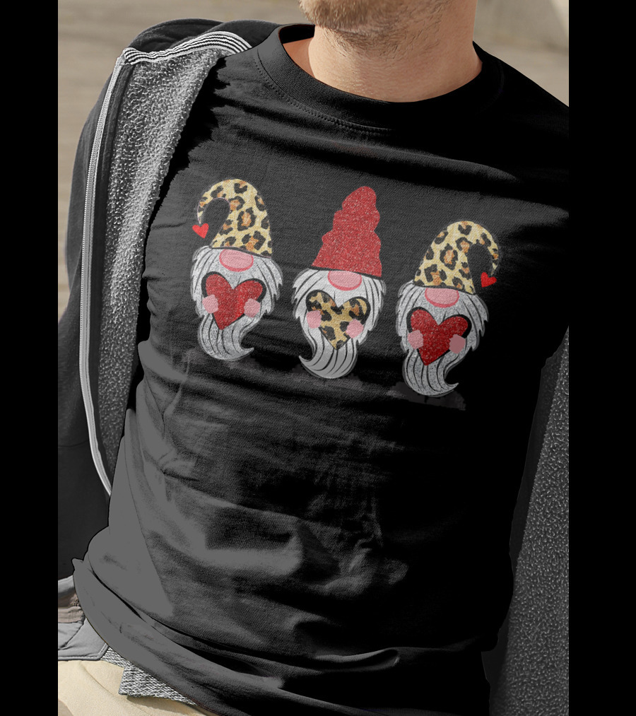 Three Gnomes With Leopard Hats And Glitter Hearts T-Shirt