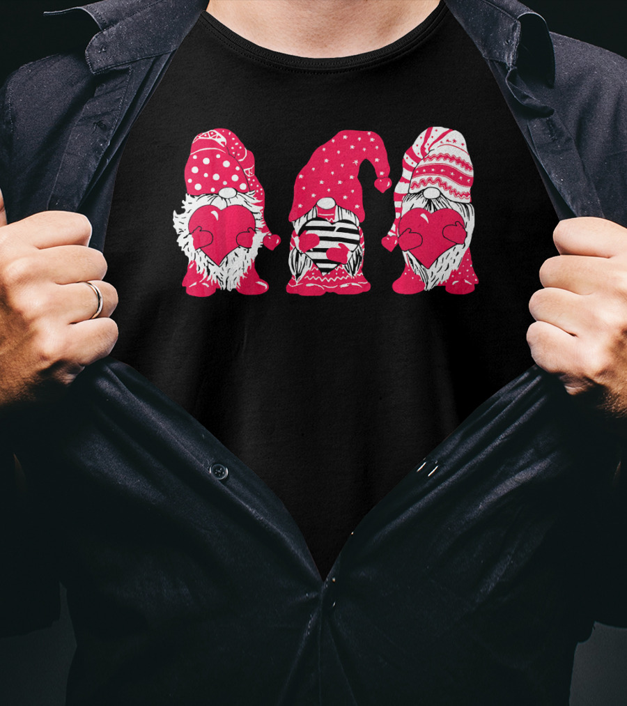 Three Pink Gnomes Holding Love Hearts Valentine T-Shirt