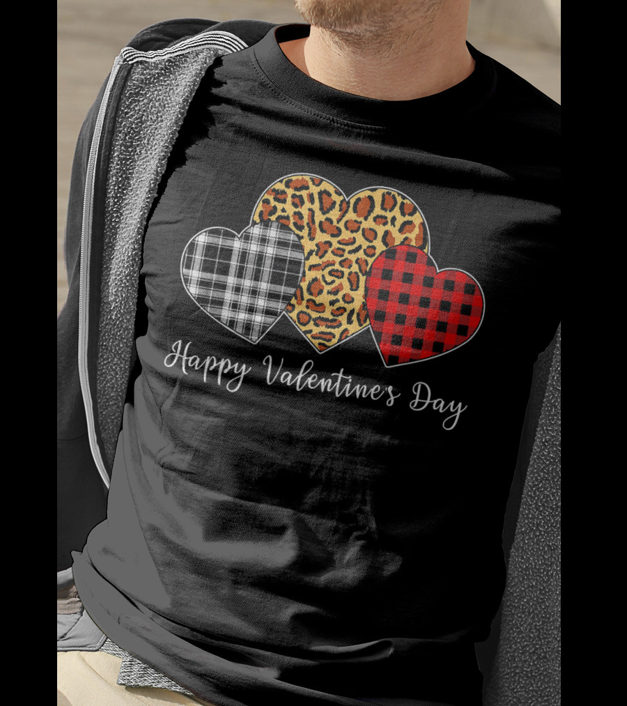 Happy Valentine's Day Three Hearts Leopard Buffalo Plaid T-Shirt