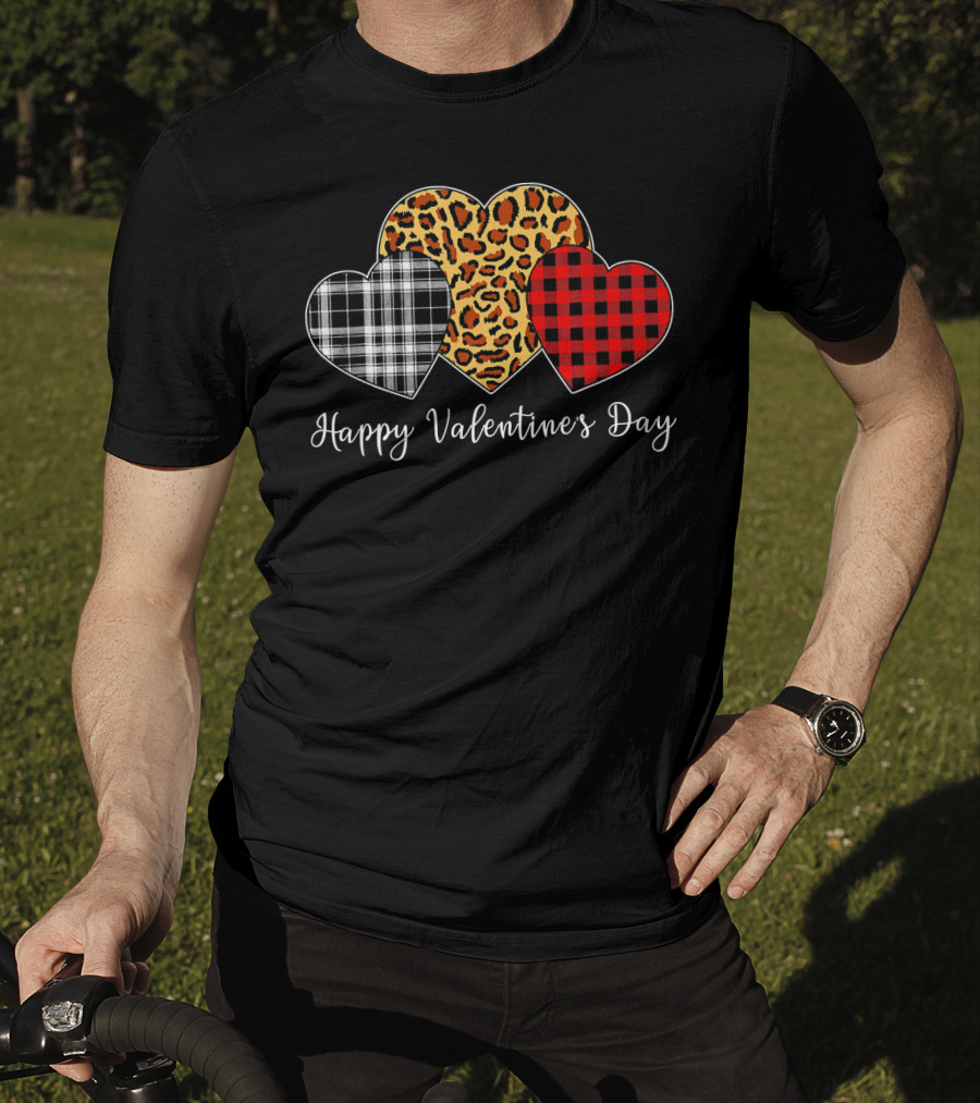 Happy Valentine's Day Three Hearts Leopard Buffalo Plaid T-Shirt