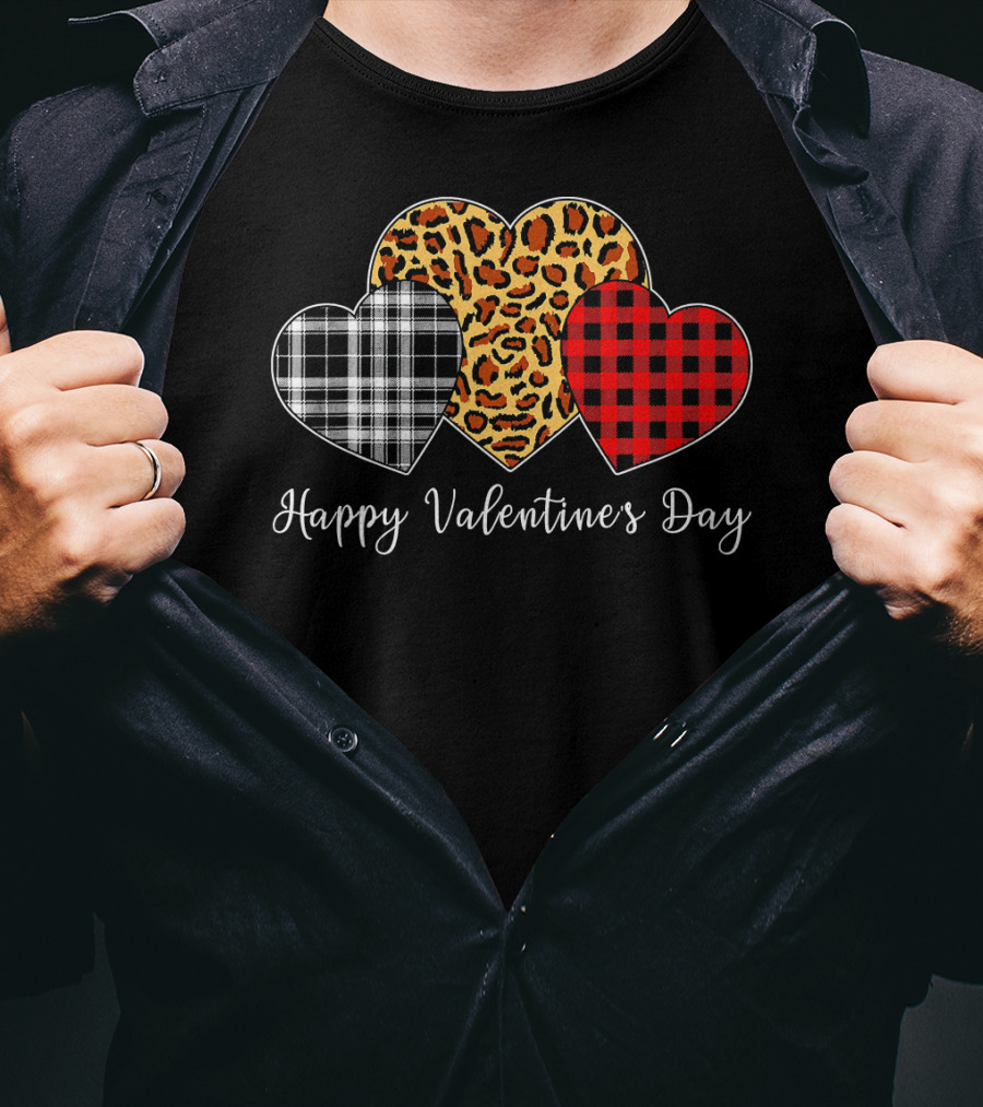 Happy Valentine's Day Three Hearts Leopard Buffalo Plaid T-Shirt