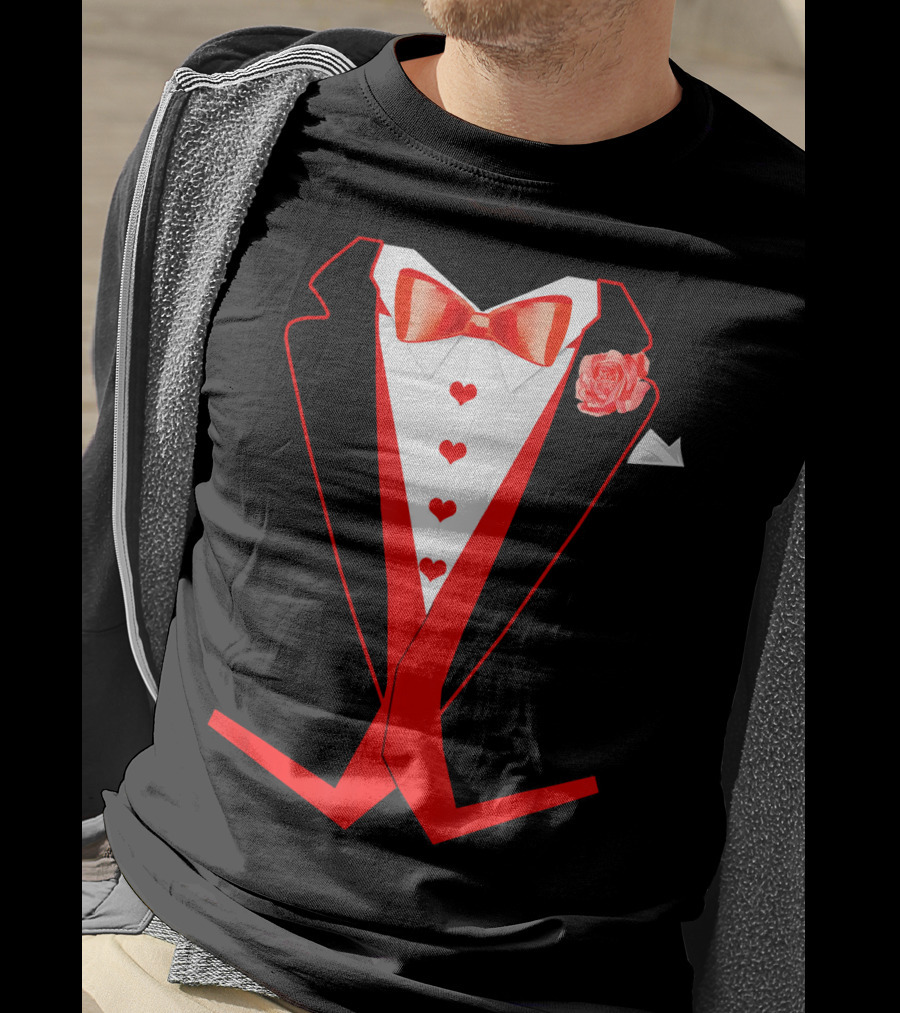 Tuxedo Red Hearts Cool Funny Valentines Bow Tie Rose T-Shirt