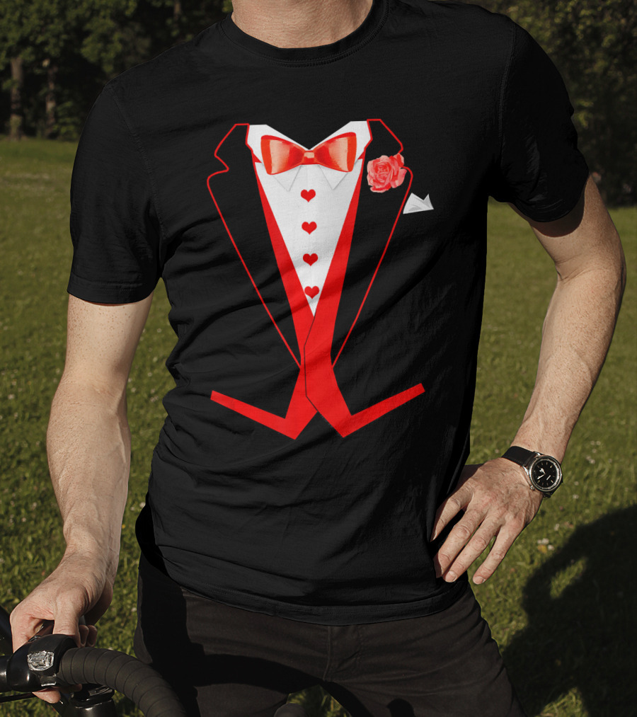 Tuxedo Red Hearts Cool Funny Valentines Bow Tie Rose T-Shirt